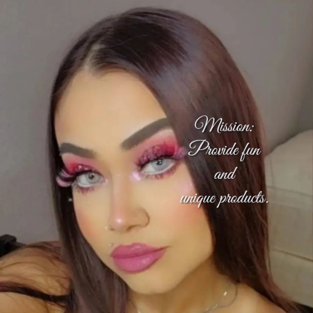 @myariesheart Model showing the high pigment colors of our eyeshadow, Pink look. Written words on the right side: Mission: PROVIDE FUN AND UNIQUE PRODUCTS. 